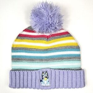 Disney Bluey Beanie Hat Rainbow Stripes Pom Pom Size 2T - 5T Winter‎ Snow Ski